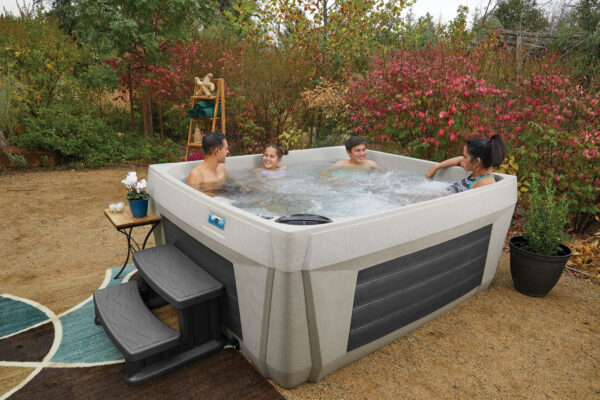 Collage of people relaxing in hot tubs and a close-up of swirling water