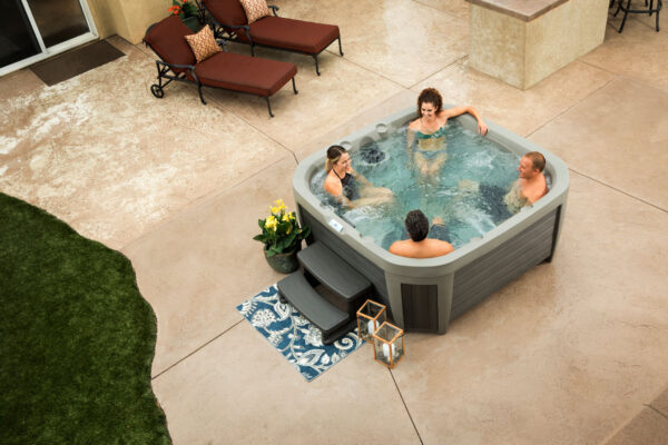 Collage of people relaxing in hot tubs and a close-up of swirling water