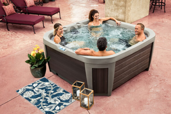 Collage of people relaxing in hot tubs and a close-up of swirling water