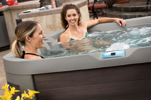 Collage of people relaxing in hot tubs and a close-up of swirling water