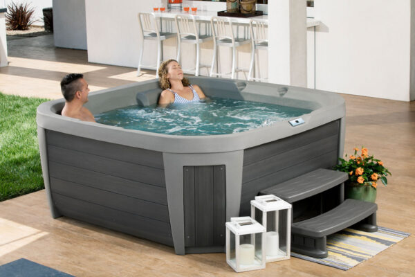 Collage of people relaxing in hot tubs and a close-up of swirling water