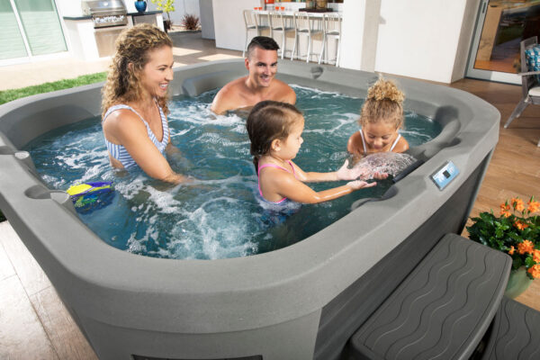 Collage of people relaxing in hot tubs and a close-up of swirling water
