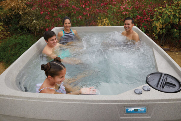 Collage of people relaxing in hot tubs and a close-up of swirling water