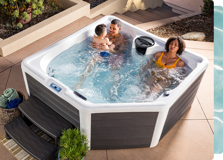 Collage of people relaxing in hot tubs and a close-up of swirling water