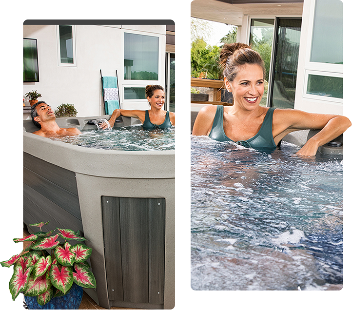 Collage of people relaxing in hot tubs and a close-up of swirling water