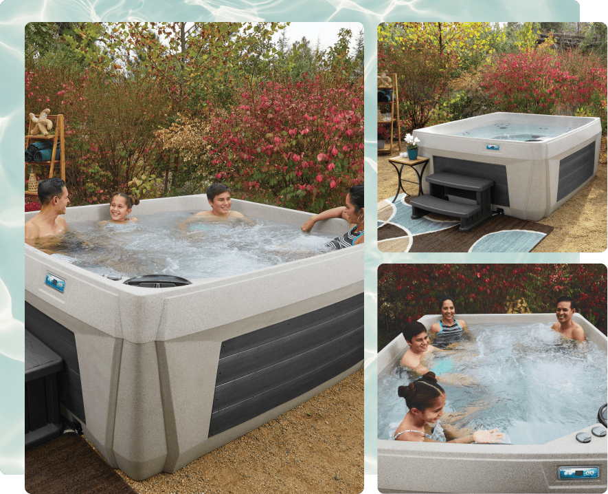 three part image - image1-couple sitting in a spa- image2- picture of women in a spa - image3 - image of interior of spa with water bubbling